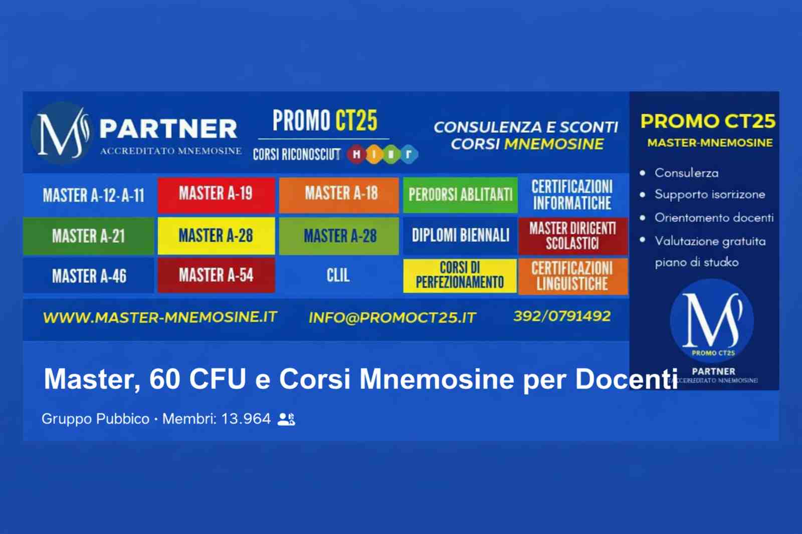 Gruppo Facebook Master, 60 CFU e Corsi Mnemosine per Docenti