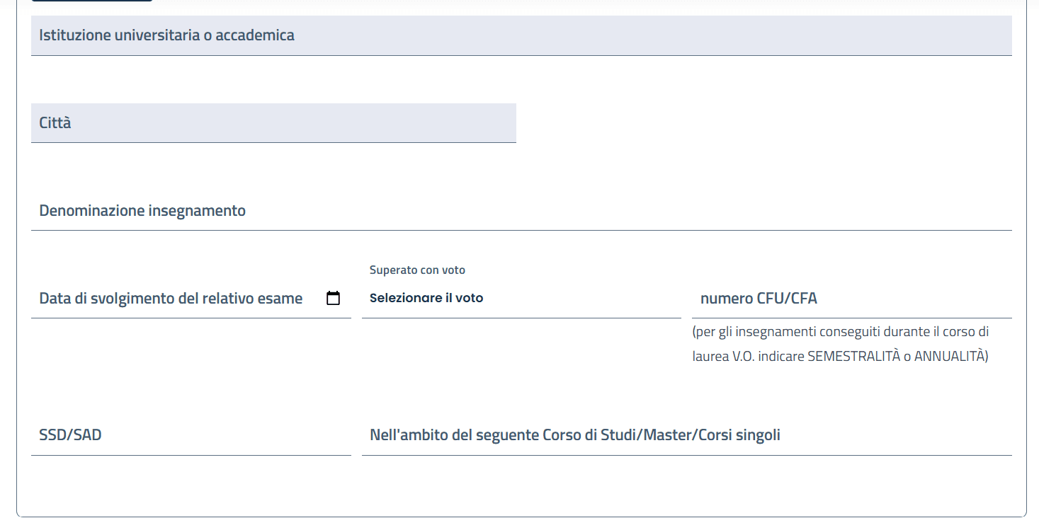 Istruzioni iscrizione 30 cfu art 13 15 Campi richiesti per inserire un insegnamento nella sezione ulteriori dichiarazioni 30 CFU Mnemosine