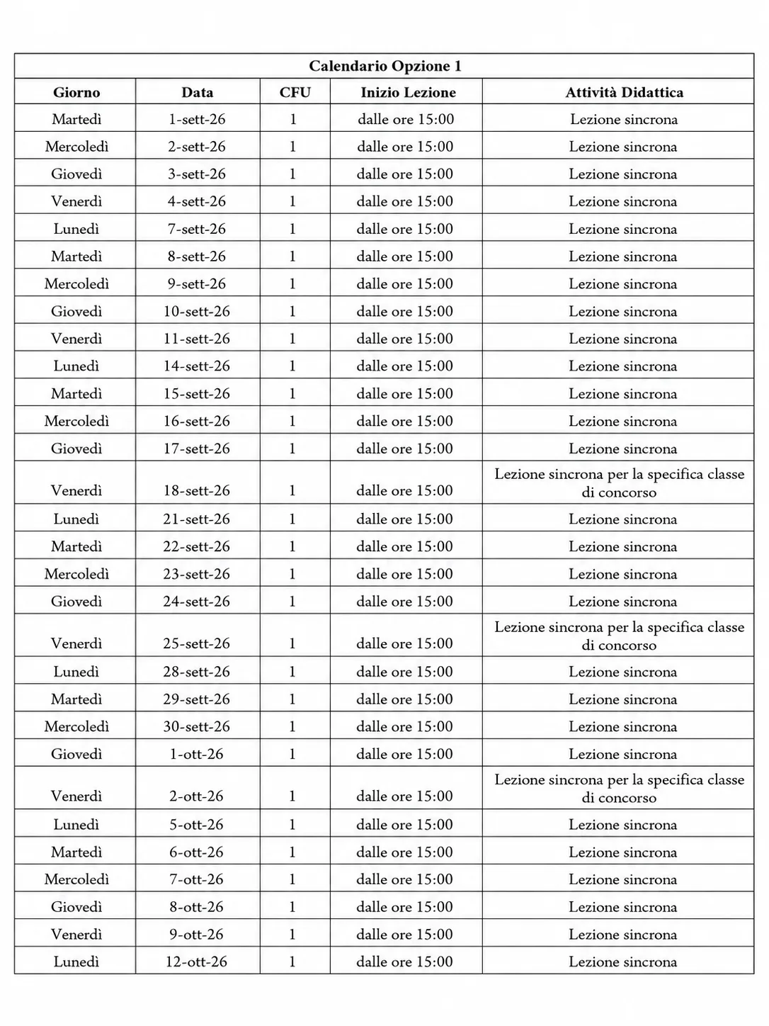Calendario infrasettimanale 30 CFU Mnemosine art. 13