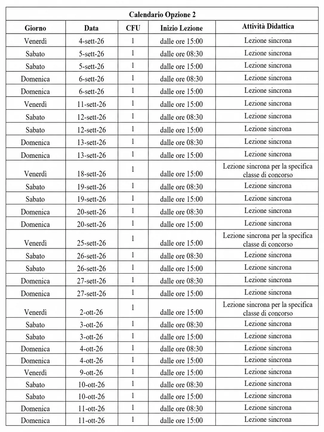 Calendario weekend 30 CFU Mnemosine art. 13